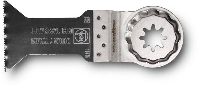 A Universal BIM oscillating saw blade for metal and wood, suitable for precise cuts, with a serrated edge.