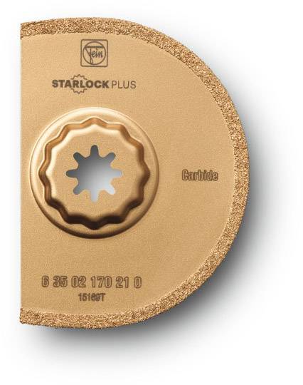 A half-moon shaped oscillating saw blade with a Starlock Plus mounting, labelled 'Carbide'. Ideal for precise cutting.
