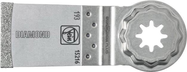A oscillating saw blade with a circular mount and diamond-coated cutting edge, suitable for materials such as tiles.