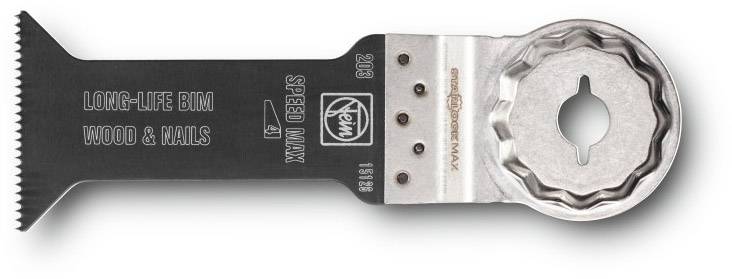 Oscillating saw blade with 'LONG-LIFE BIM WOOD & NAILS' inscription, suitable for wood and nail materials, metal connecting part.
