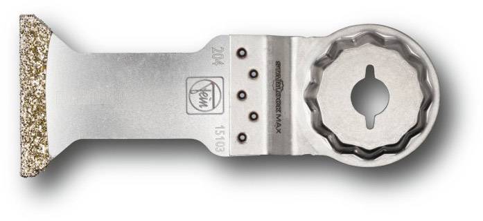 Multitool saw blade with a wide, flat blade and serrated, diamond-tipped edge on the left. Suitable for precise cuts in hard materials.