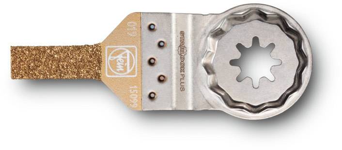 Oscillating tool blade with star-shaped opening, metallic-coloured, with brown coating and embossed markings '640' and 'STARLOCK PLUS'.