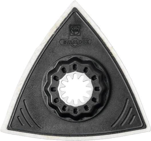 Triangular sanding pad with a grey surface and black plastic holder, suitable for multitools, with Starlock system mounting.