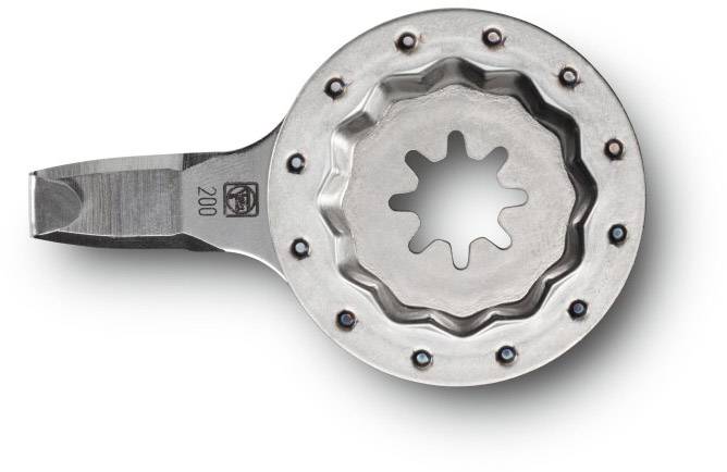 A metal tool with a circular serrated blade and a flat edge on the right side. Suitable for cutting or separation work.