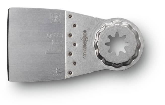 A silver saw blade with a star-shaped mount, with 'STARLOCK PLUS' written on it. Measurements and arrows are engraved on the left side.
