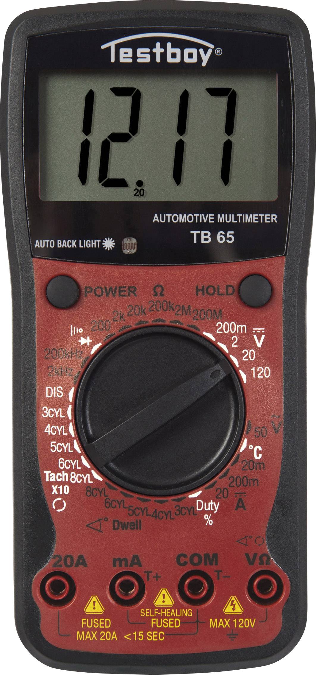 Digital multimeter with display showing '12.17'. It has several settings for measuring voltage, current, and resistance.