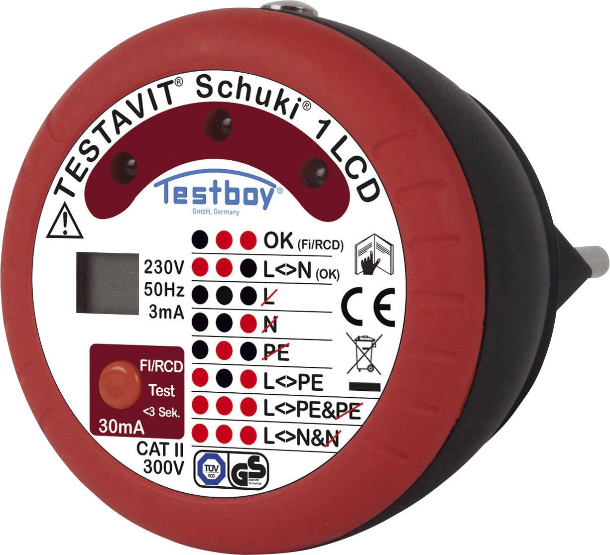 Network adapter test device with test results for voltage, frequency, earth wire status, and polarity.