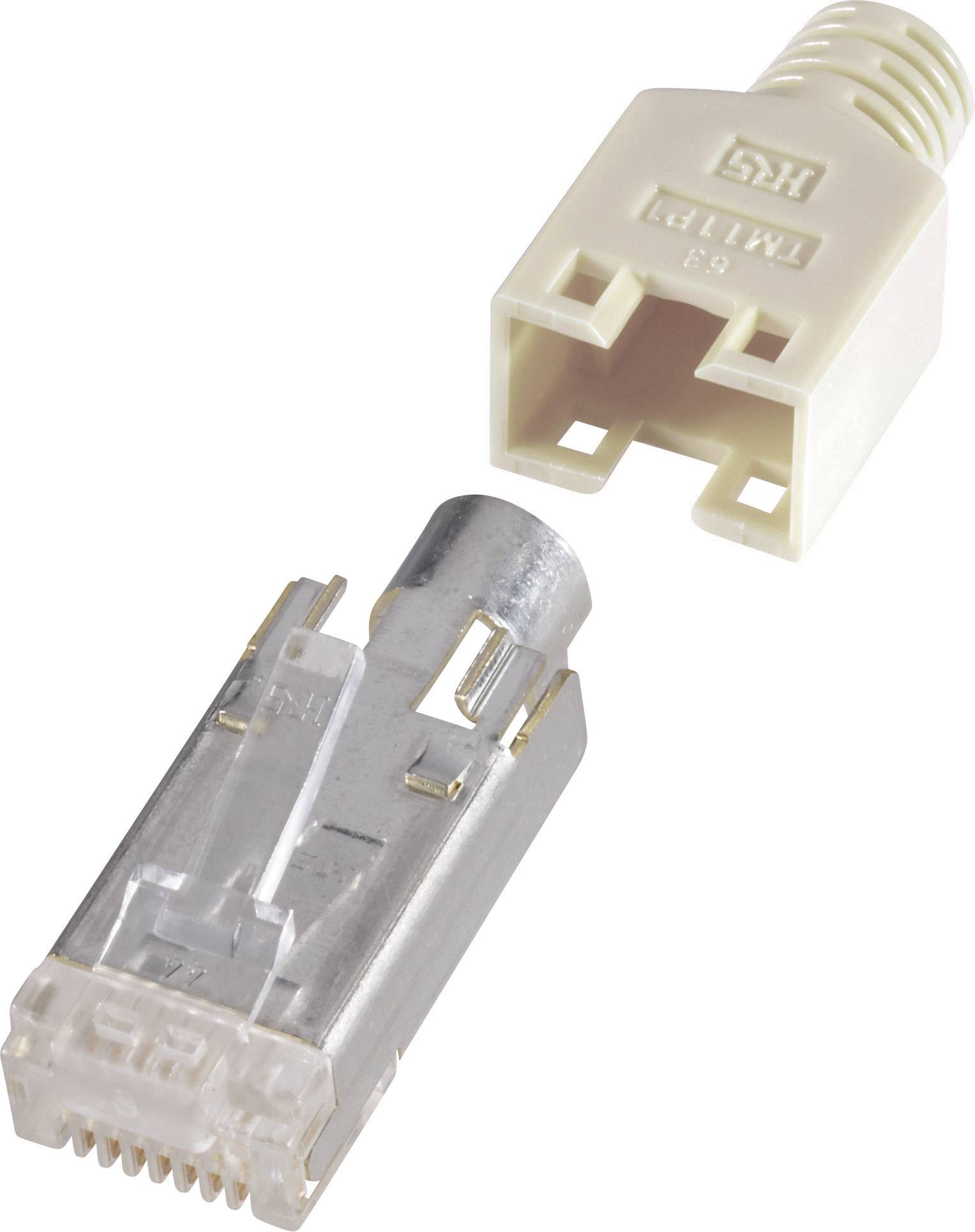 A metal RJ45 plug lies beside a beige plastic housing that serves as a cable cover.