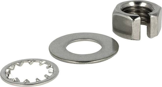 Three-piece set comprising a tooth washer, plain washer, and metal lock nut, arranged in a linear configuration.