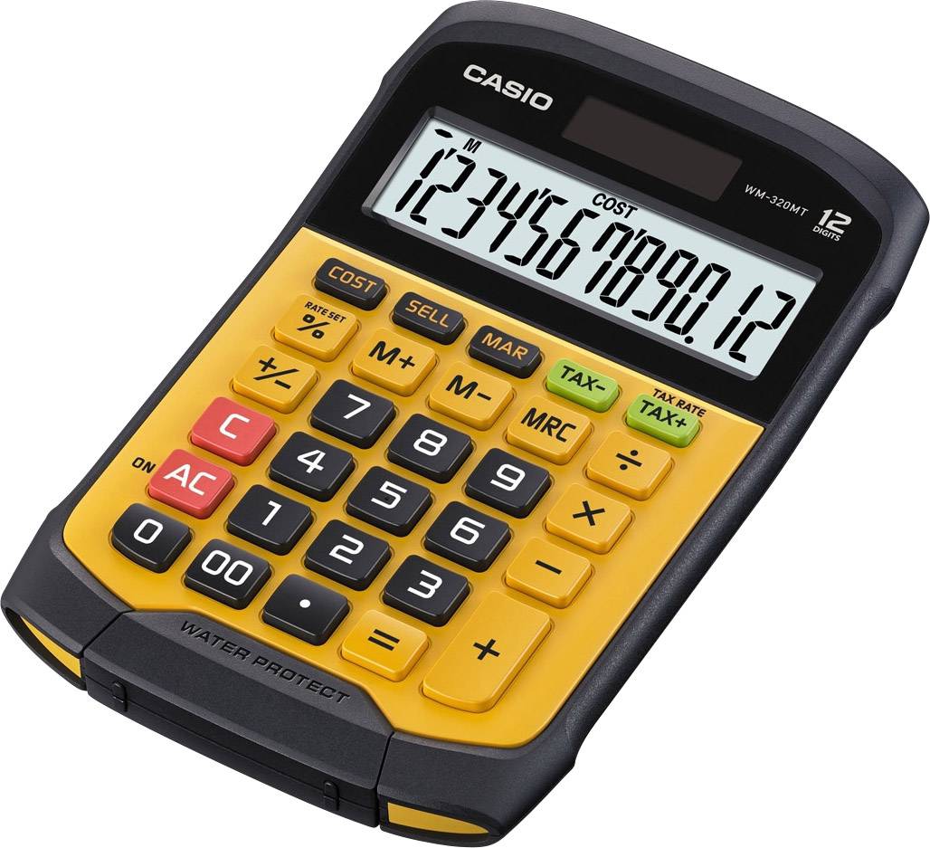 A yellow calculator displays the number '1,234,567,890.12'. Brand name 'Casio'. Buttons for basic arithmetic and tax calculations.