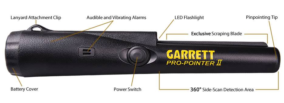 Metal detector 'Garrett Pro-Pointer II' with features: lanyard clip, LED torch, vibration alert, on/off switch, scraper, 360-degree detection.