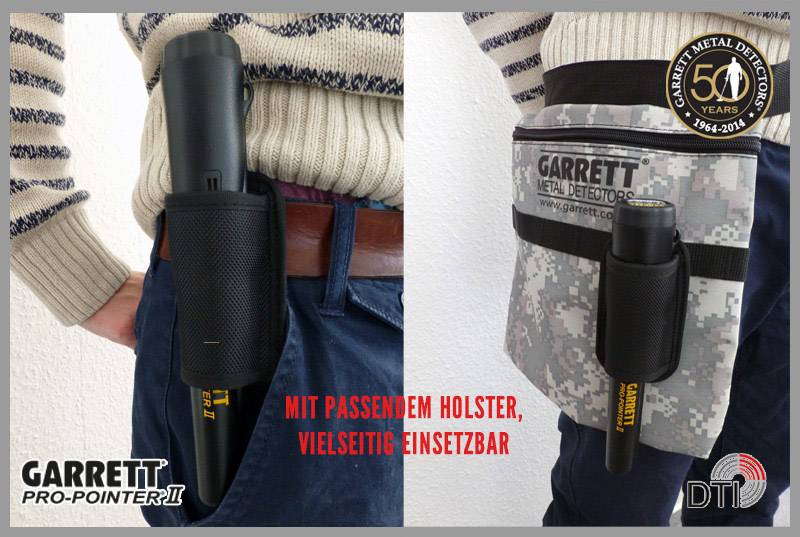 A person is wearing a black metal detector in a holster on their belt. The text reads: 'With matching holster, versatile in use'.
