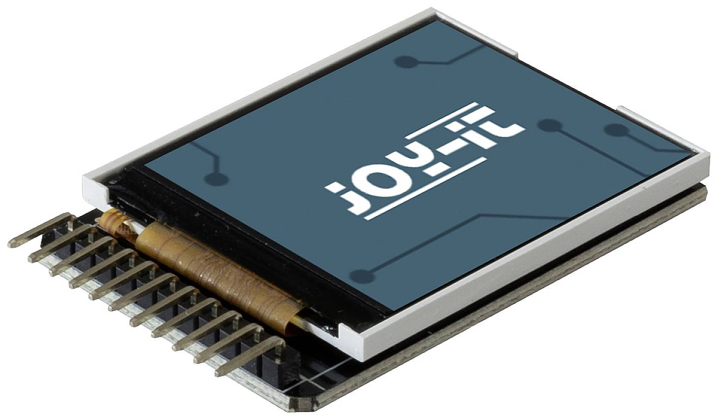 A small electronic chip with multiple connection pins and a blue surface displaying the 'joy-it' lettering.