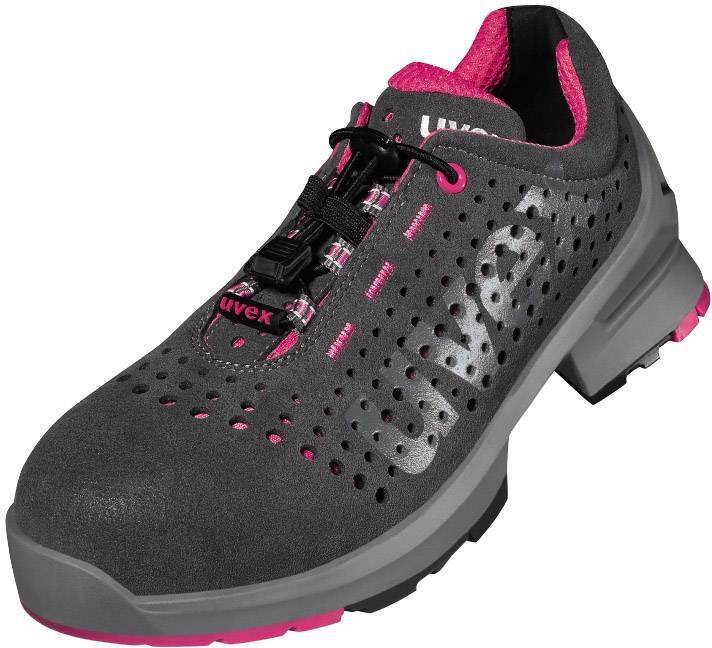 Black work shoe with pink accents, breathable design, 'Uvex' brand name visible, suitable for industrial applications.