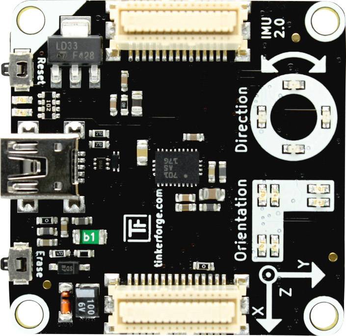 Elektronische Leiterplatte mit USB-Anschluss und verschiedenen Komponenten auf schwarzem Hintergrund. Text auf der Platte: 'Direction', 'Orientation'.