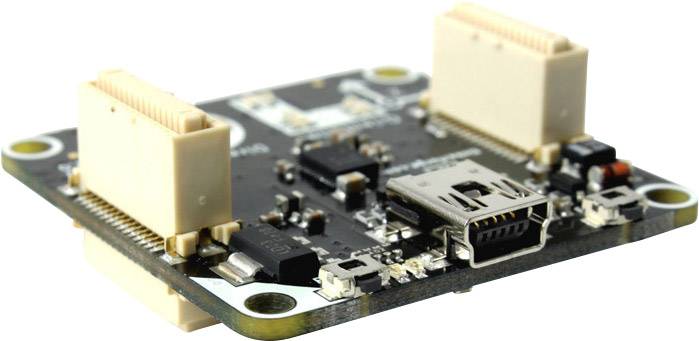 An electronic circuit board with multiple ports, including a USB port in the centre.