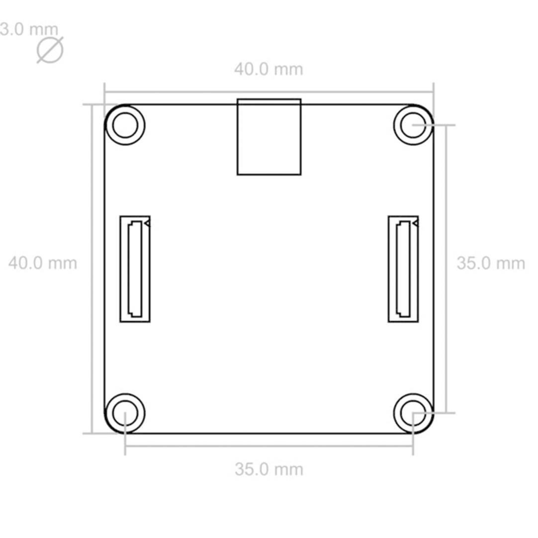 Technical drawing of a square part with dimensions 40 mm x 35 mm. Shows drill holes in the corners and two rectangular recesses.