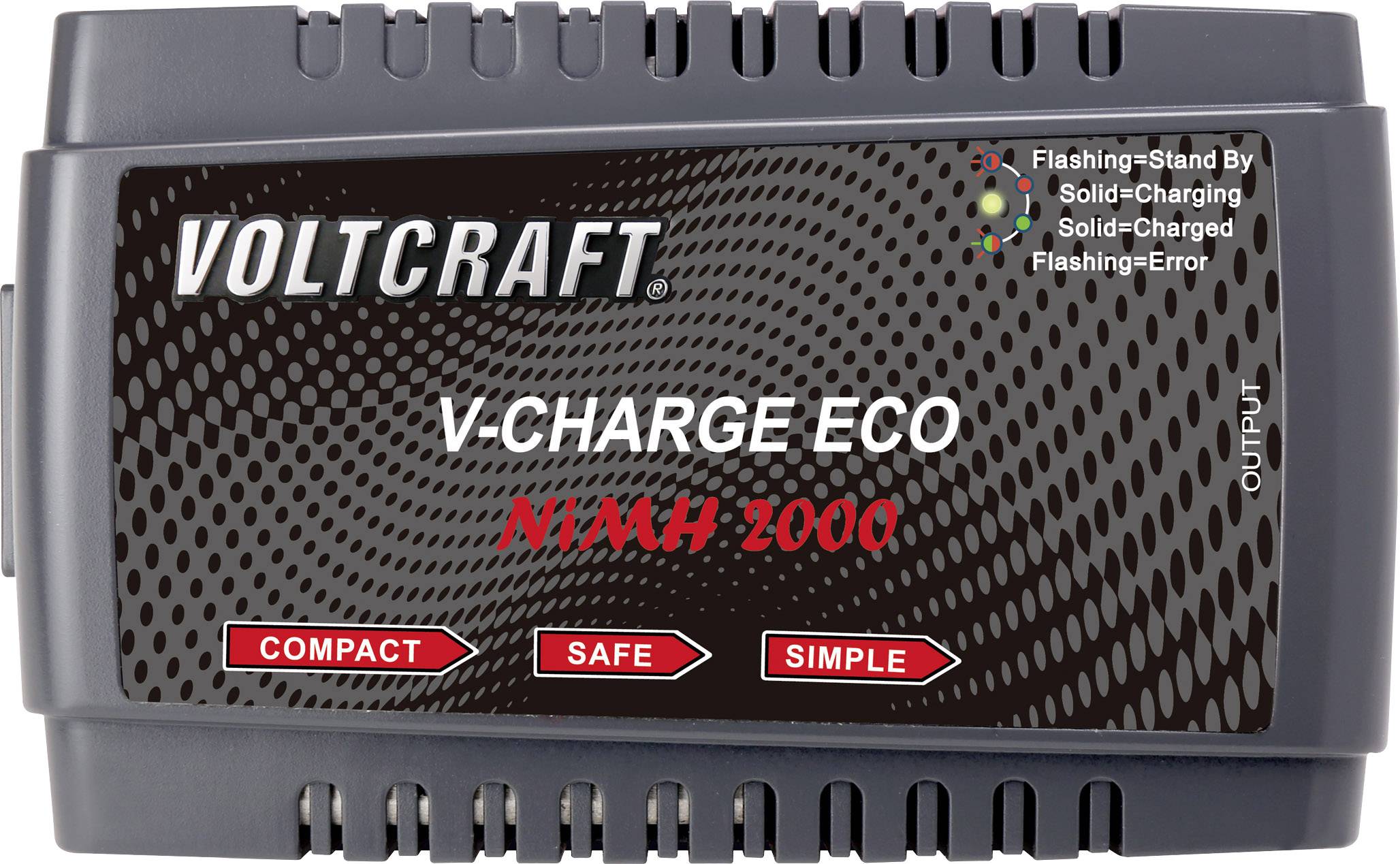 Battery Charger 'VOLTCRAFT V-CHARGE ECO NIMH 2000'; displays LEDs for status: Standby, Charging, Error; features: compact, safe, simple.