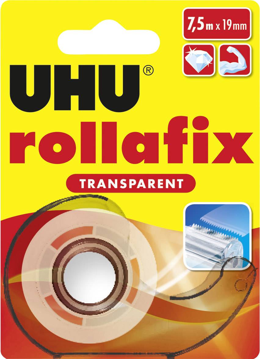 Adhesive tape product packaging with the inscription 'UHU rollafix Transparent'. A roll of transparent sticky tape is depicted.