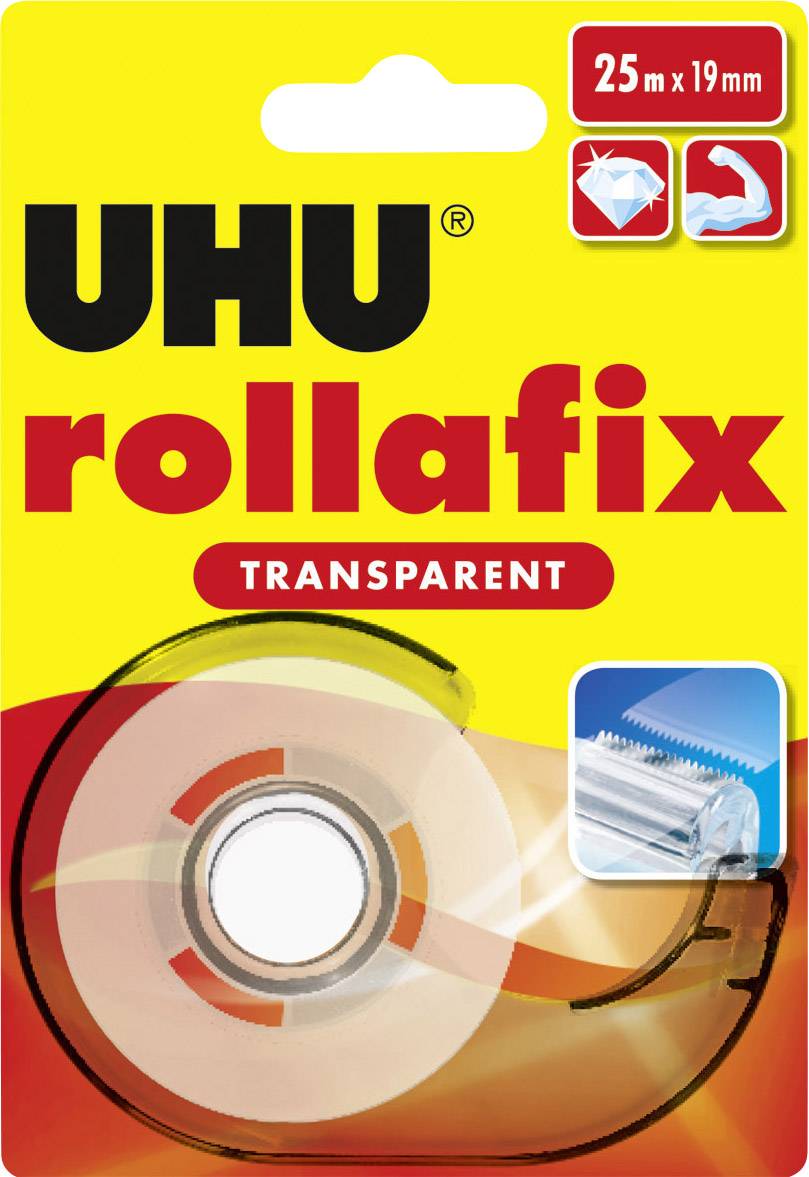Packaging for UHU rollafix Transparent Adhesive Tape: 25 m x 19 mm, showing adhesive tape roll and symbols for transparency and easy application.