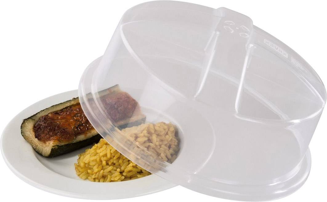 A plate with a stuffed courgette and yellow rice, covered with a transparent plastic lid, is sitting on a table.