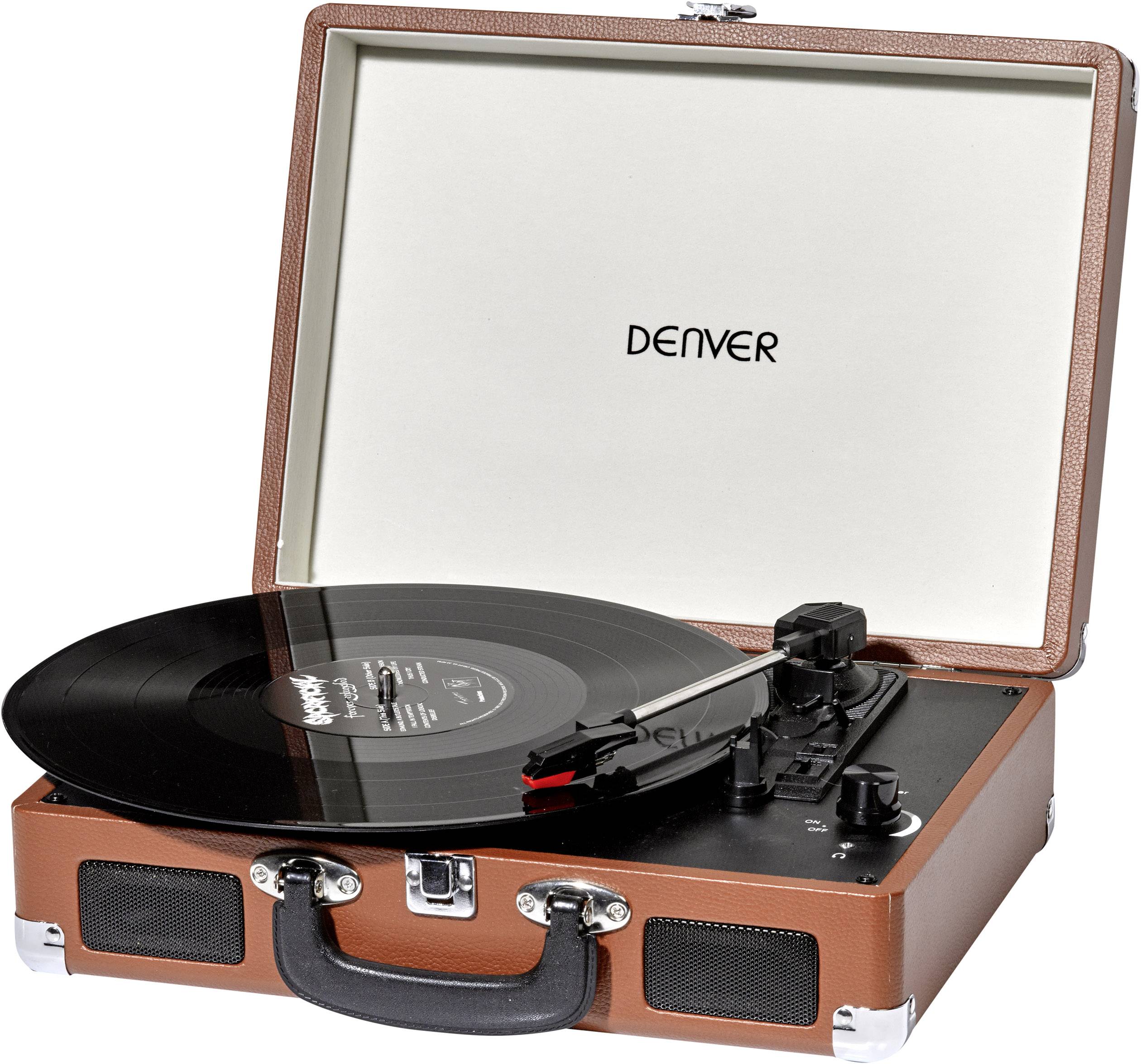 A portable record player with a black vinyl record, open lid, and the 'DENVER' logo inside.