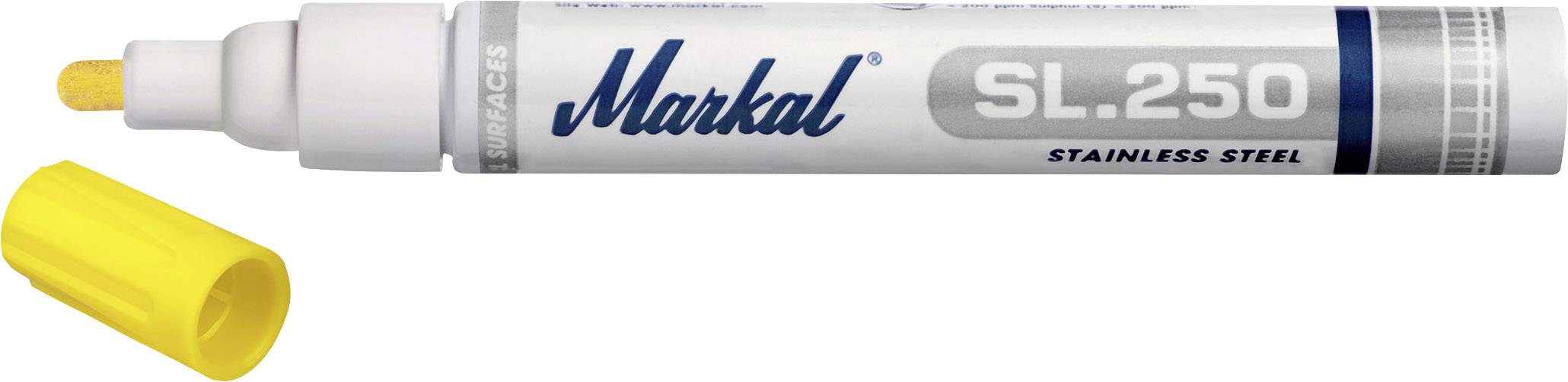 A white marker pen with a yellow cap, labelled 'Markal SL.250 Stainless Steel'. It is suitable for metal surfaces.