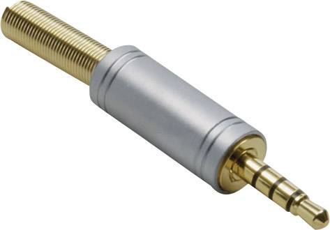A metallic audio jack with a silver casing and a gold-plated plug. It features multiple rings for contact separation.