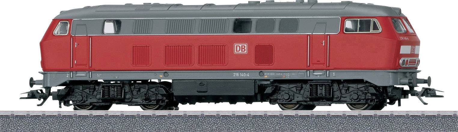 A red diesel locomotive of Deutsche Bahn is standing on a railway track. The locomotive has the inscription 'DB' on its side.