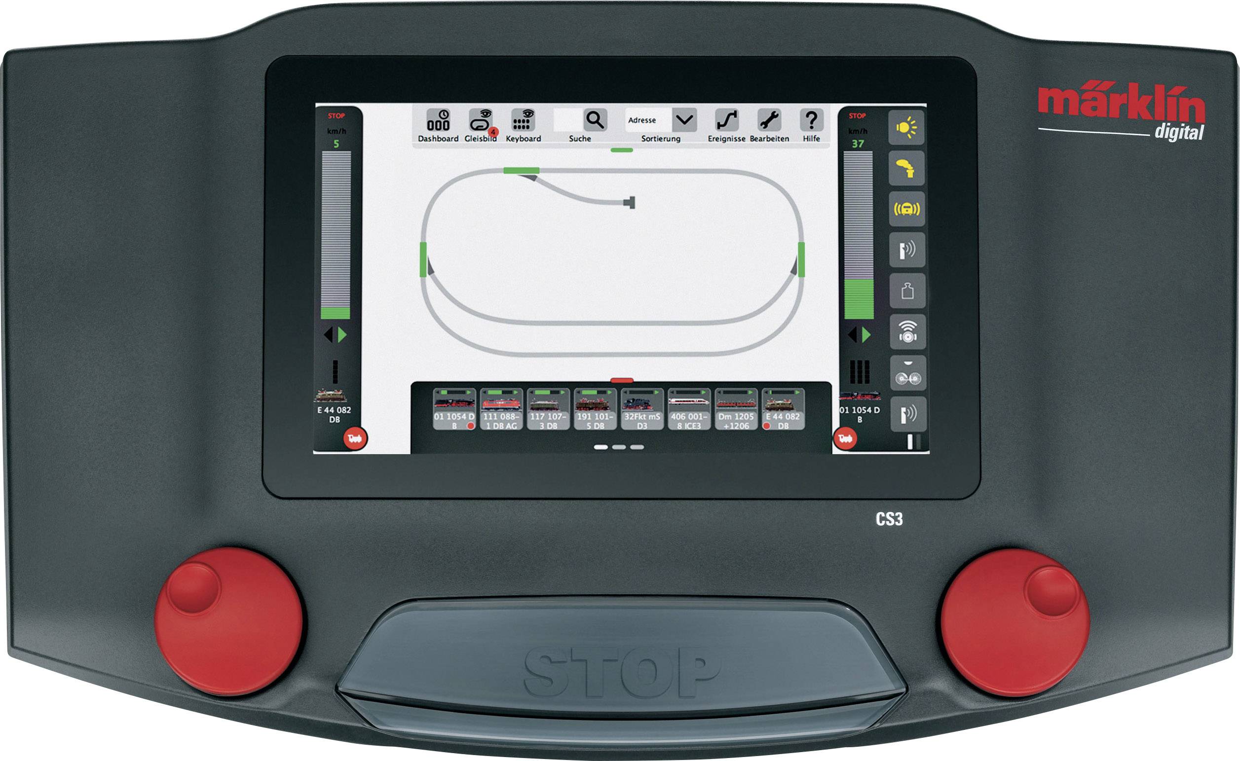 Control unit for model railways with a digital display and two red rotary knobs. Display shows track layout and control options.