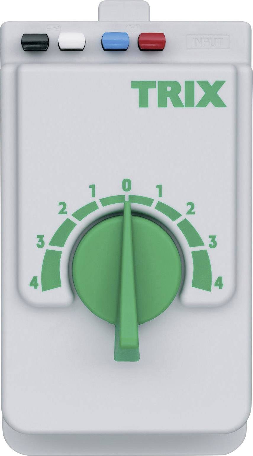 Hand control with rotary dial, marking from 0 to 4, and three coloured switches on top. Brand name 'TRIX' in green above the dial.