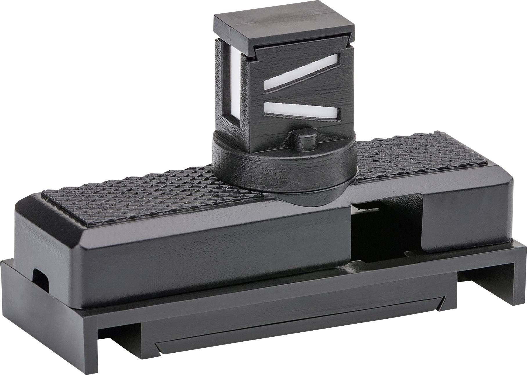 A black plastic component with a rectangular base and an upright element in the centre with white stripes for stabilisation.