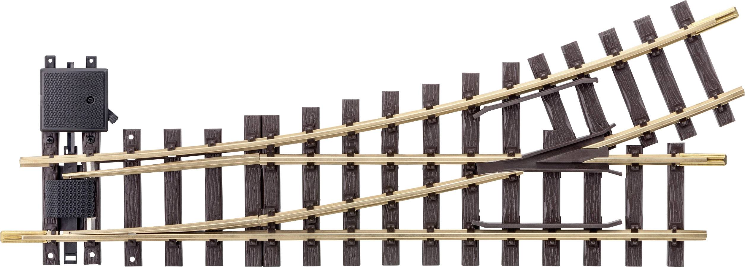 Model railway track: A points (or railway switch) with two possible routes. On the left, an electrical point motor for controlling the points.