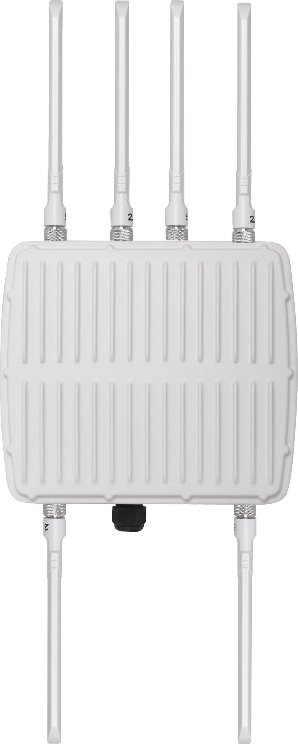 Ein weißer Router mit sechs Antennen, symmetrisch angeordnet, für drahtlose Internetverbindung.