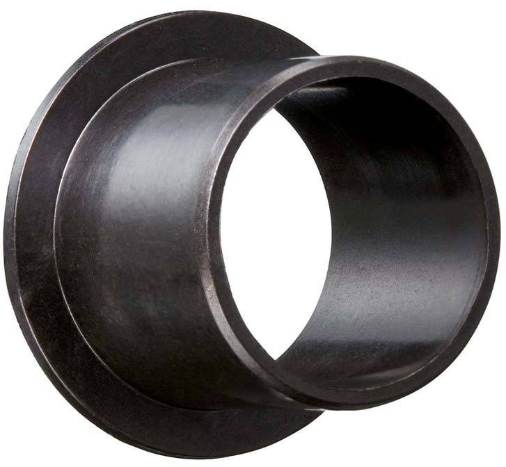Black cylindrical metal sleeve with a wide flange at the edge, shown in side view. It appears robust and industrially manufactured.
