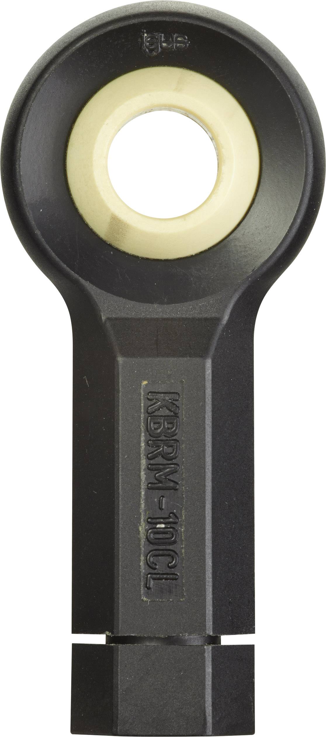 A black, rod-shaped component with a round hole at the top, possibly a metallic mechanical connecting element.