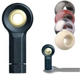 Connecting element with ball bearing shown in various colours and materials. On the left, the element is enlarged, on the right five variants.
