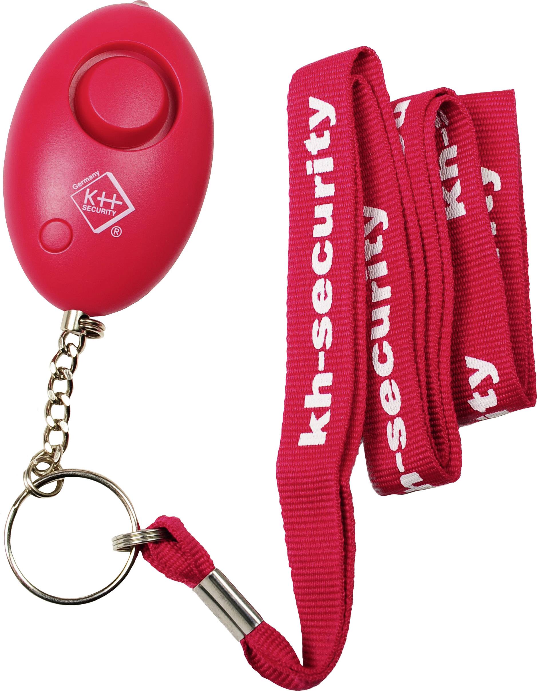 Red personal alarm with wrist strap and keyring, labelled 'kh-security'.