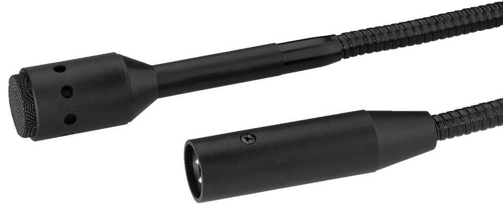 Two black microphones with flexible goosenecks, a ball and a directional microphone capsule.