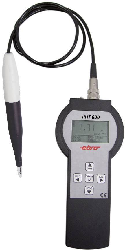 A pH metre displays a reading of 7.71 on a screen. It has a measurement probe connected by a cable.
