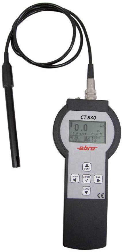 Hand-held temperature measuring device with digital display, control buttons, and connected temperature probe.