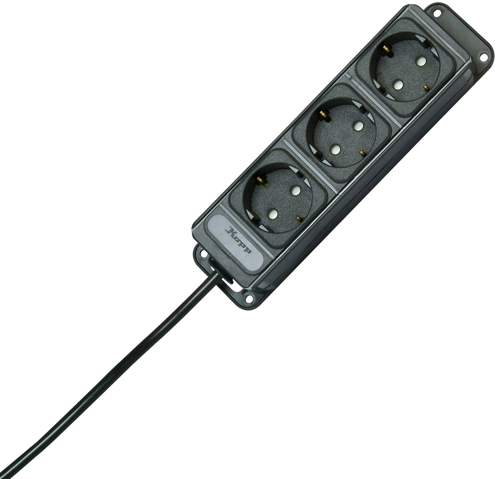 Triple power strip in black with power cable, suitable for connecting multiple electrical devices.
