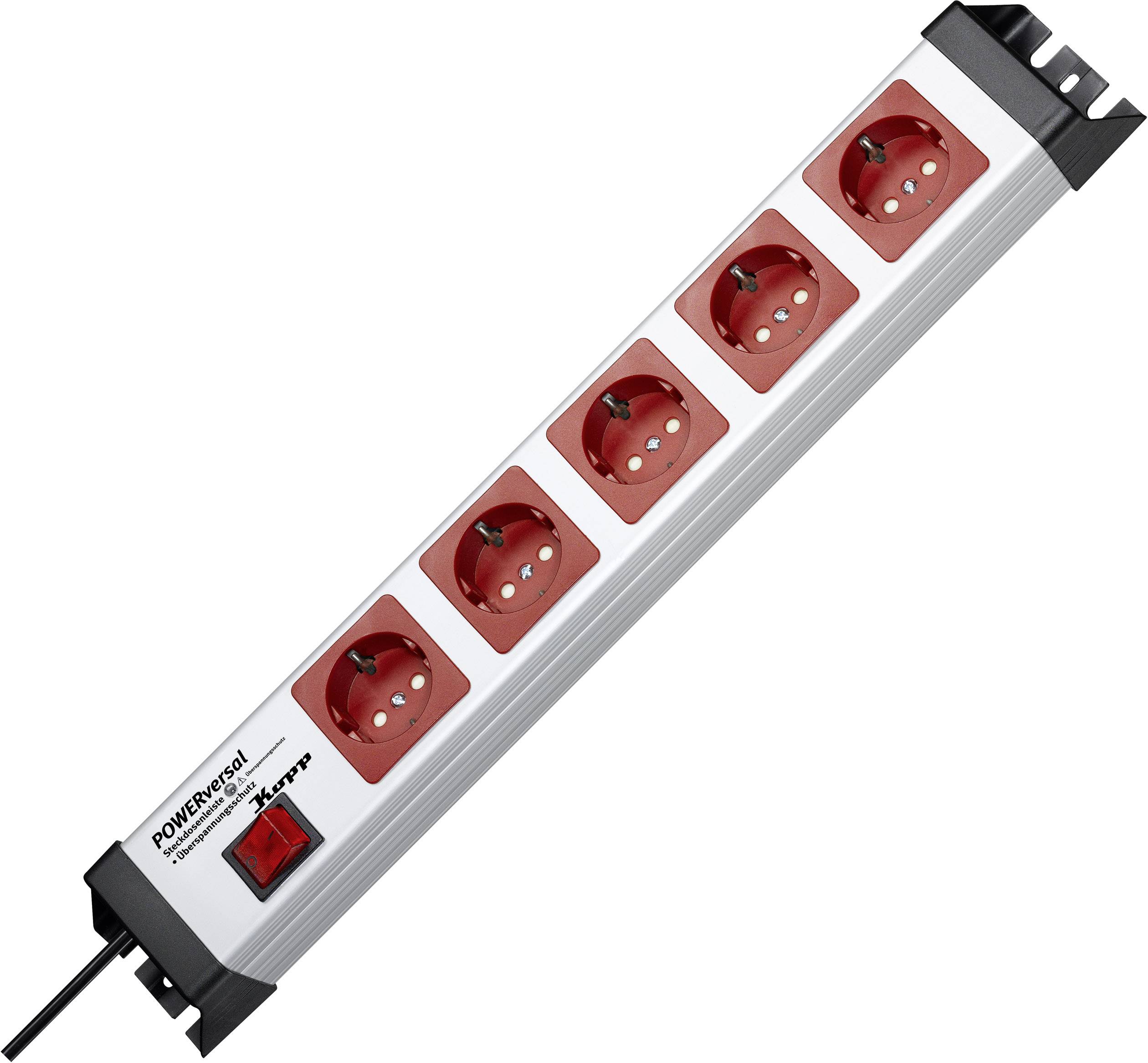Multiway extension socket with five red plug sockets and a black cable, positioned vertically.