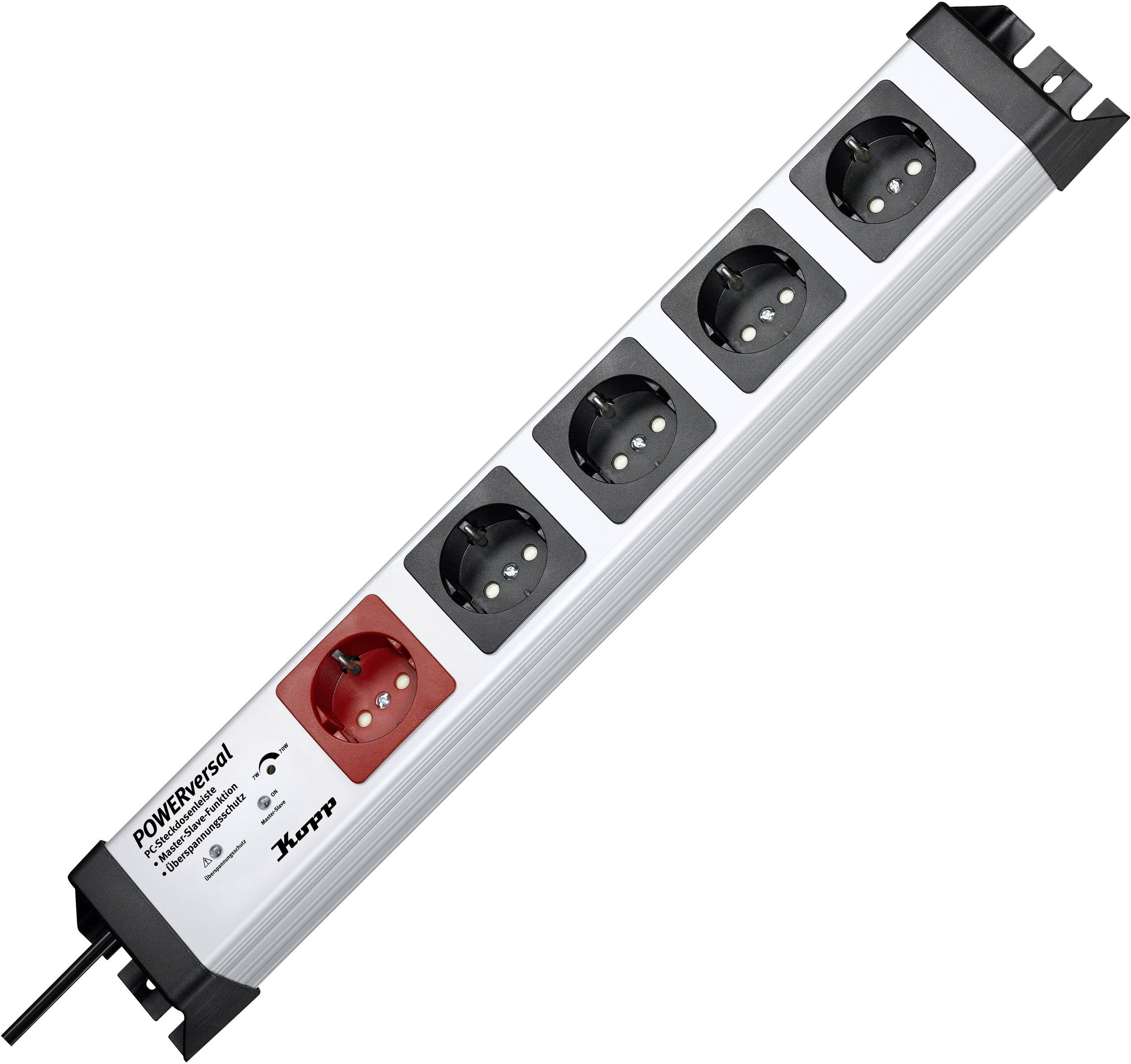 Five-socket extension lead, with one socket in red. Suitable for office or home use to connect multiple devices.