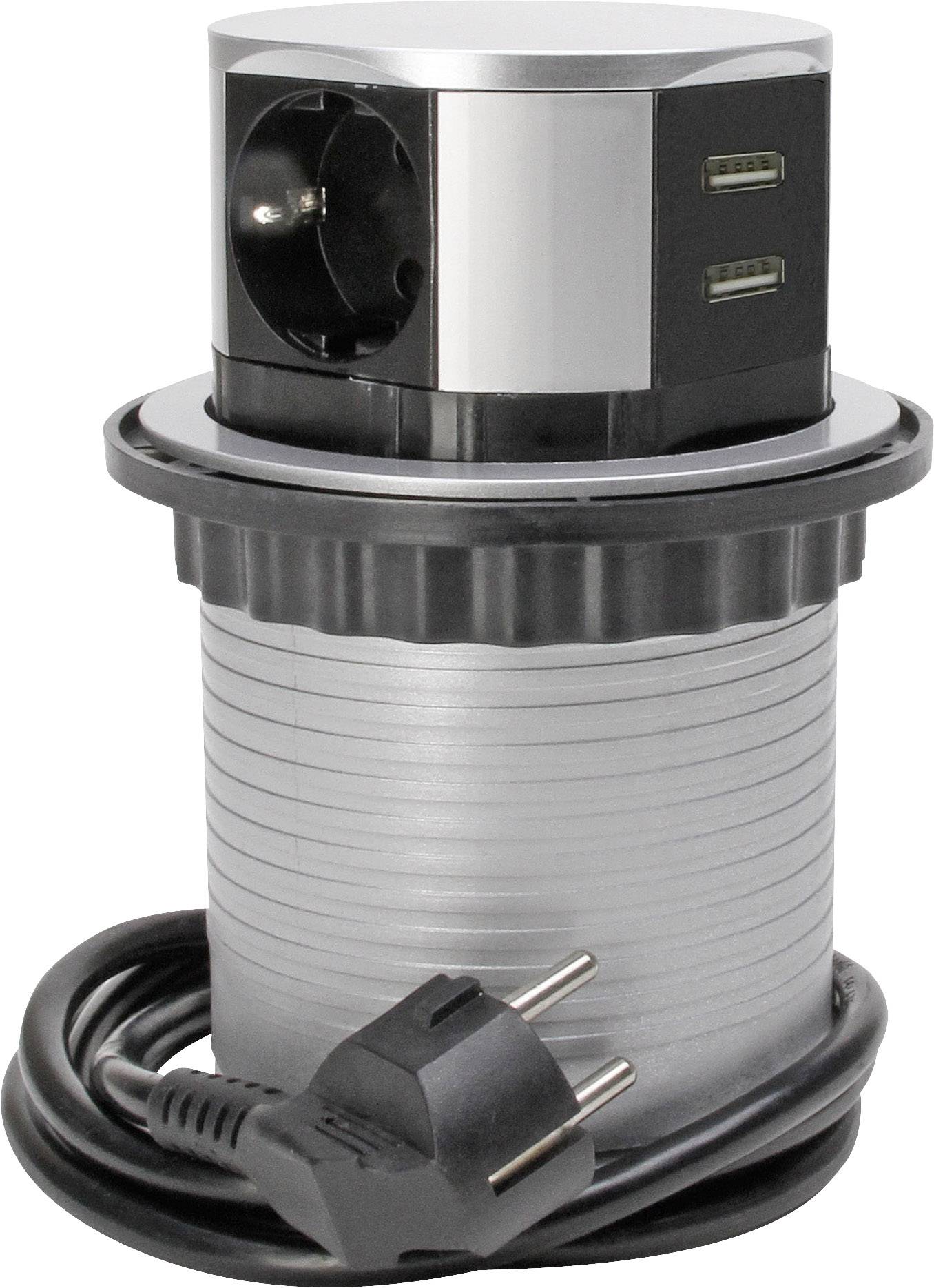 Socket tower with two USB ports and one socket, suitable for installation in kitchen counters or work surfaces.