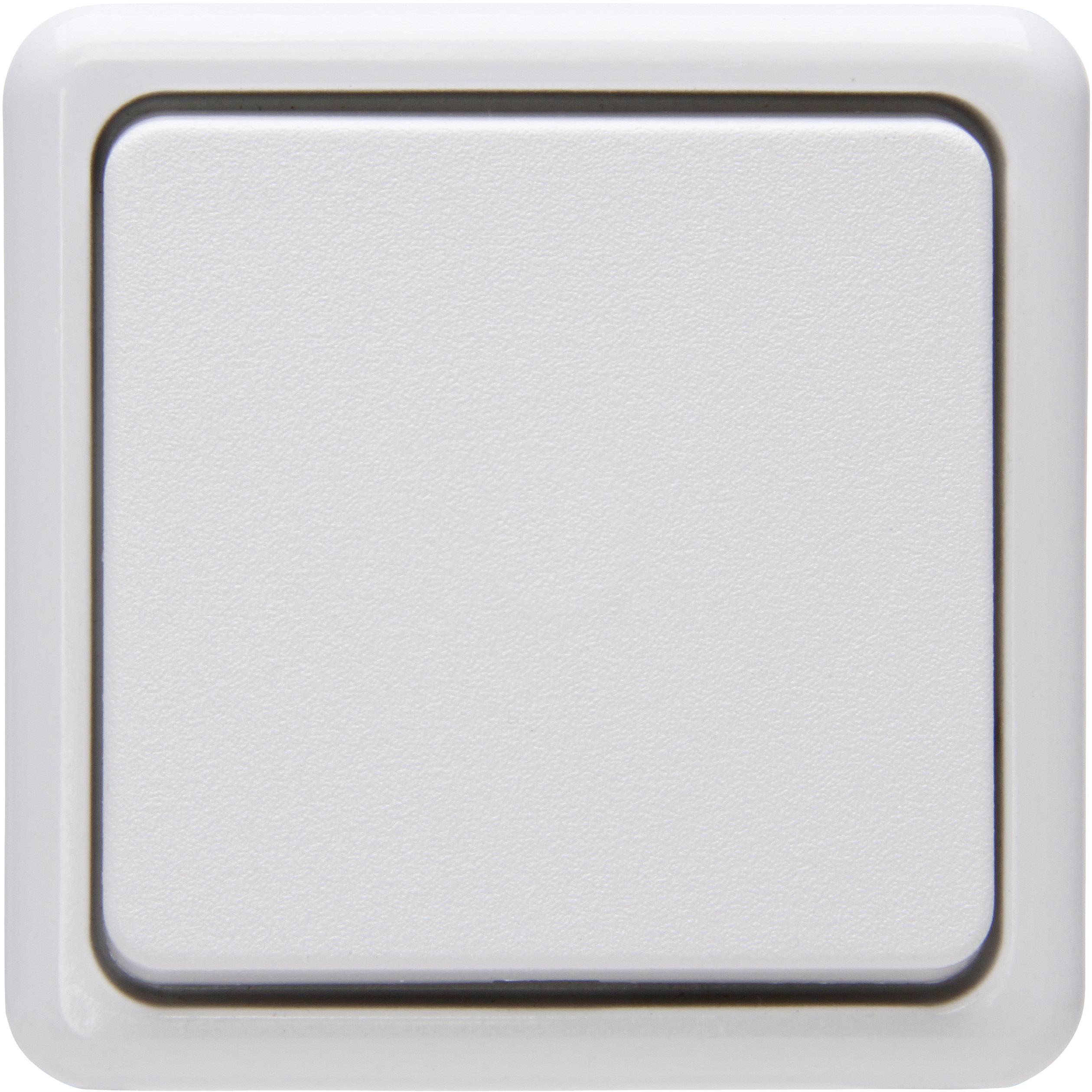 A white plastic light switch, square, not activated.