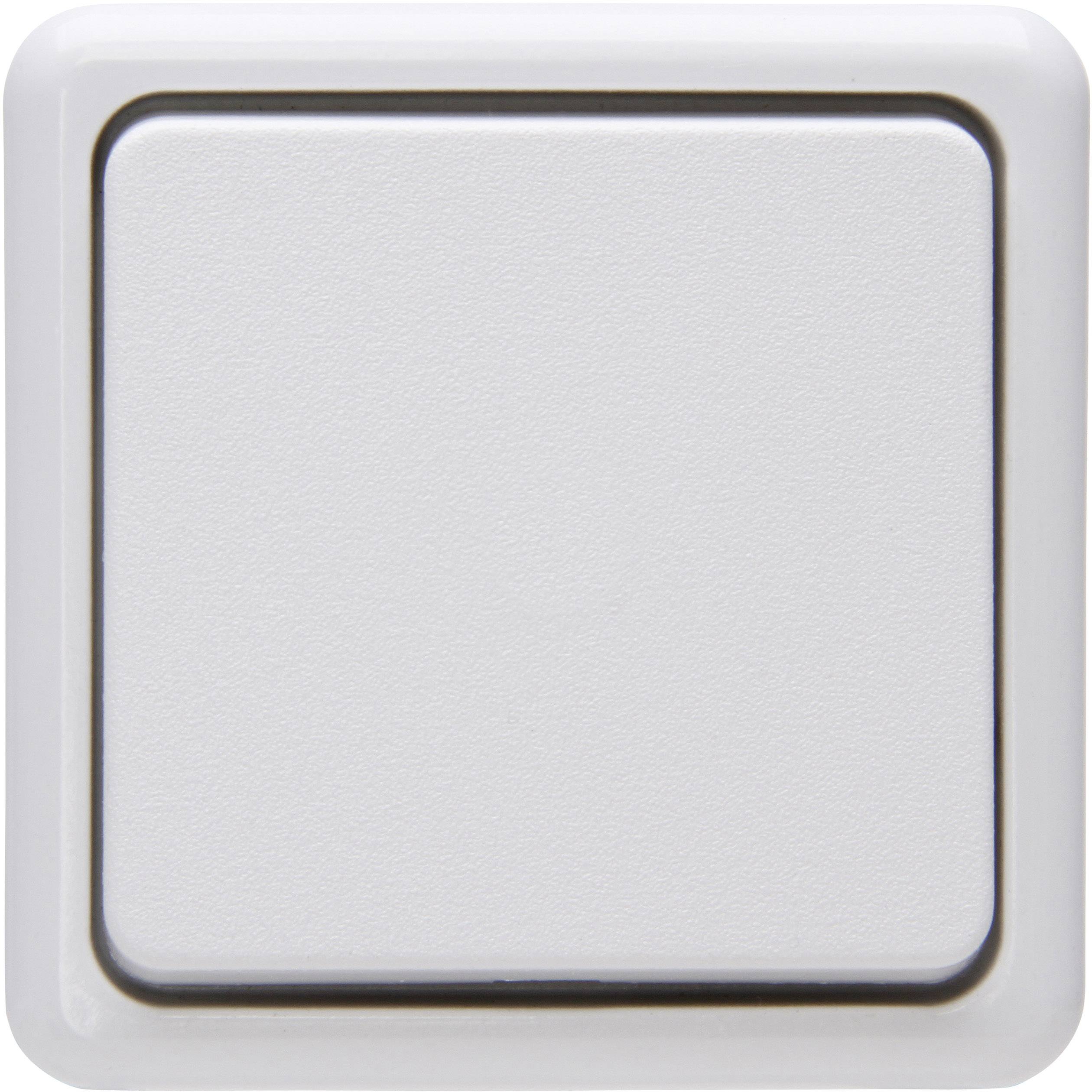 A simple, square light switch in white, positioned centrally, without any visible text or markings.
