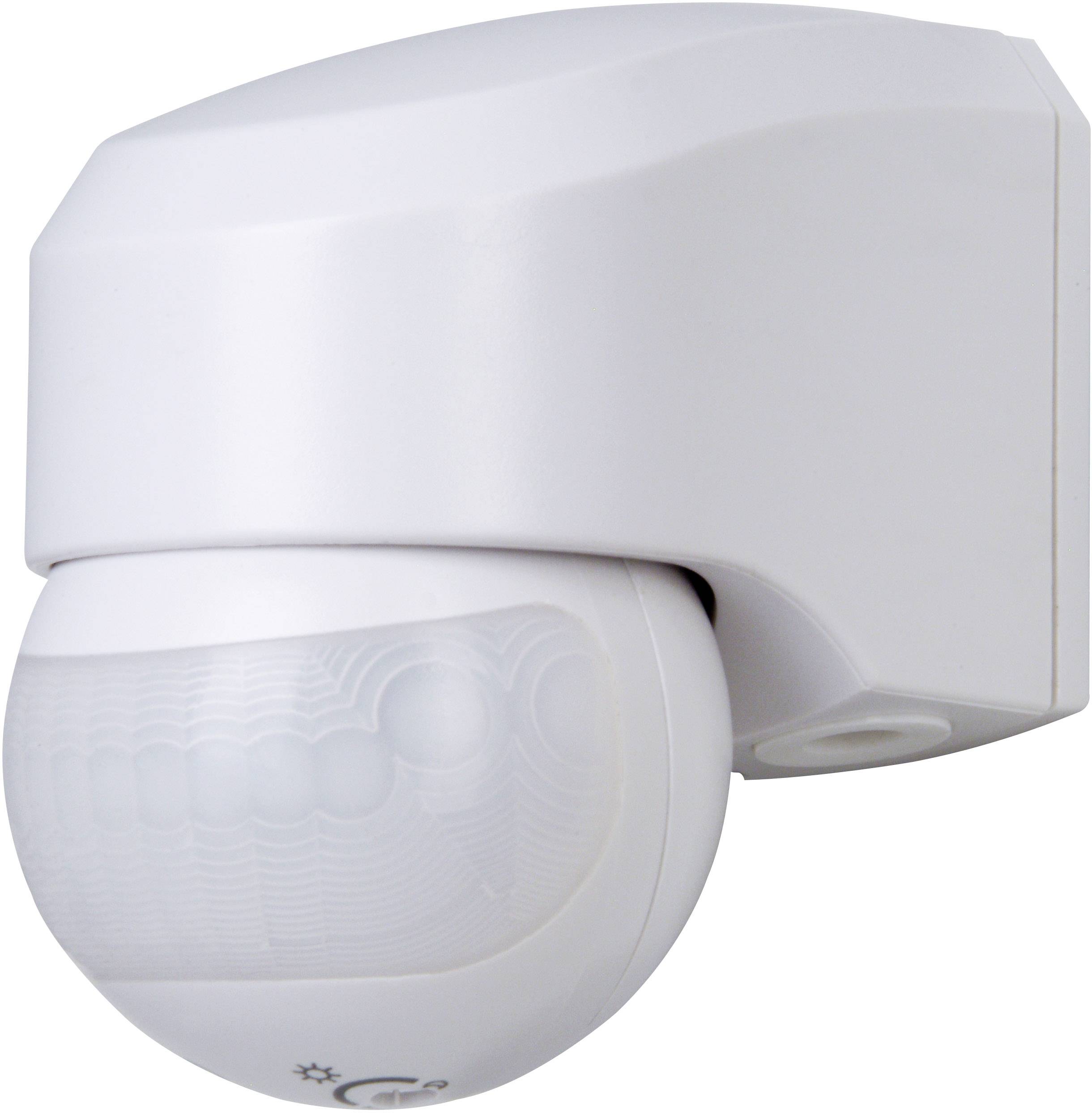 Motion sensor mounted on a wall. White casing, spherical sensor beneath. It is used to detect movement within a room.