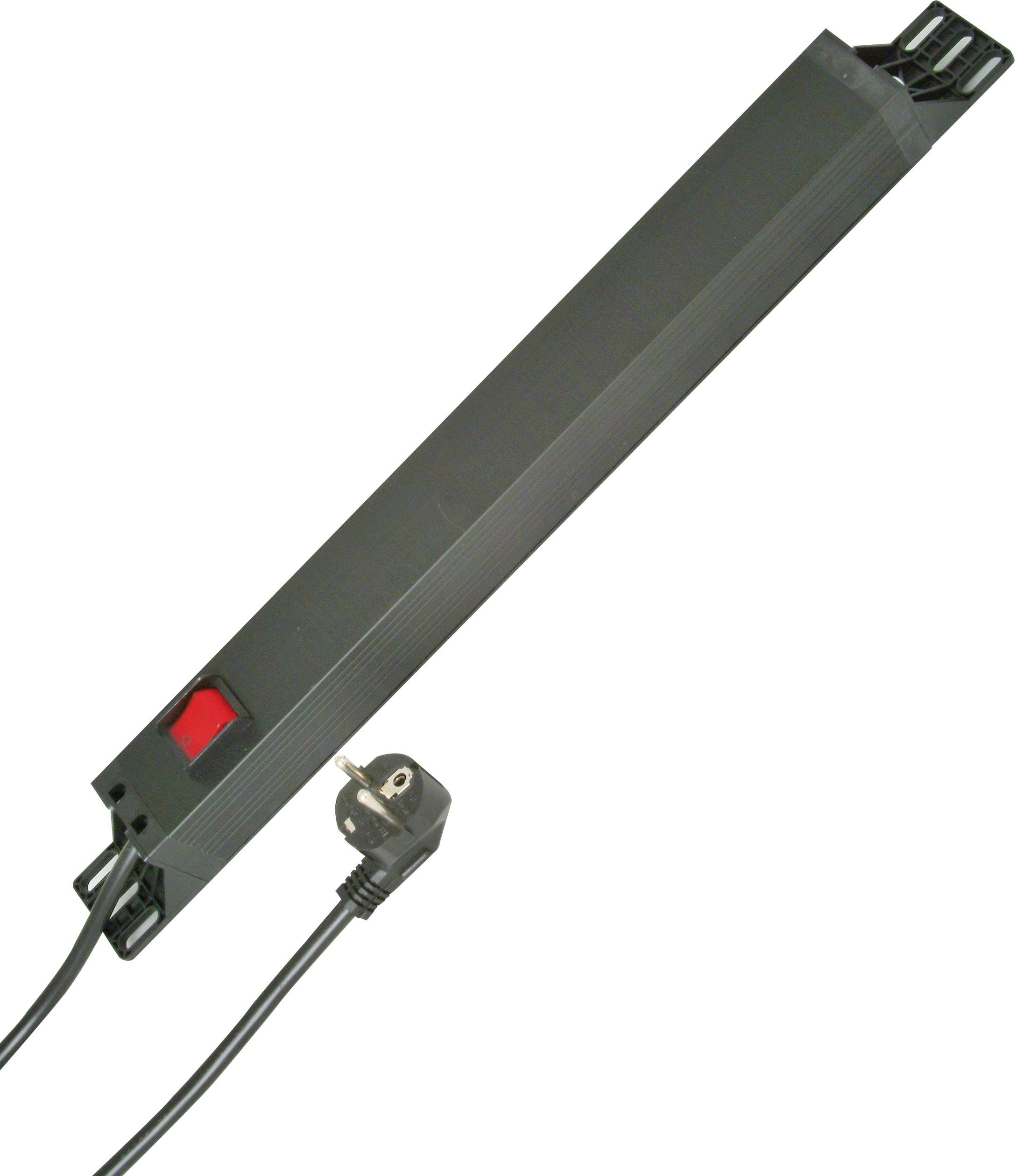 A black power strip with a red on/off switch and an attached mains cable with a plug.