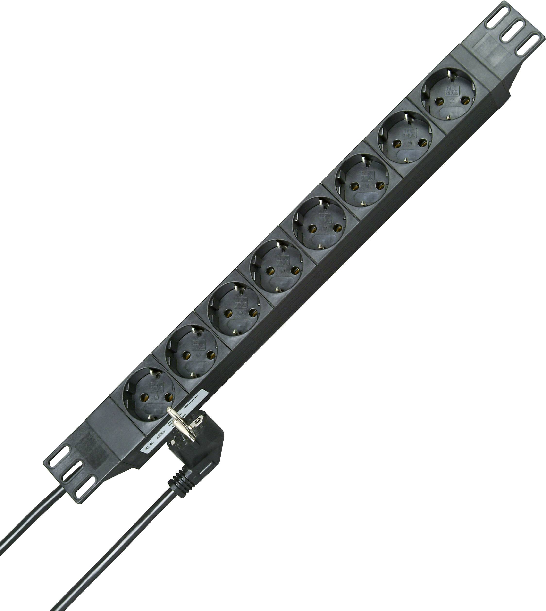 A black power strip with ten sockets and a mains lead.